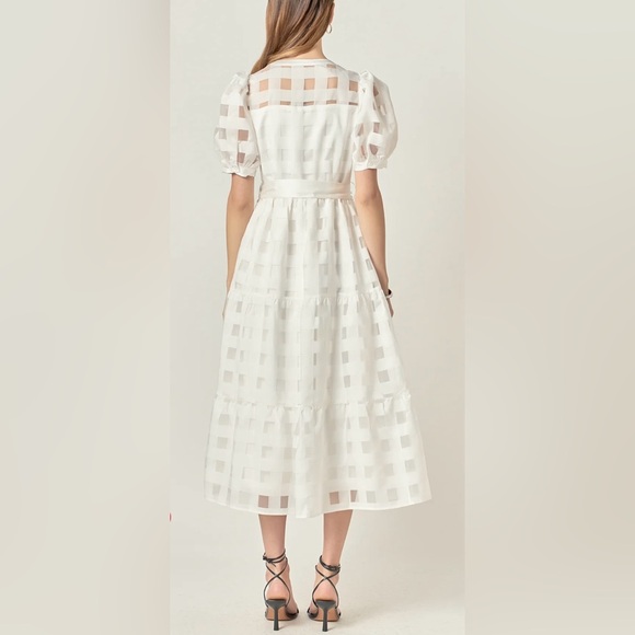 English Factory White Check Puff Sleeve Midi Dress - Picture 2 of 12